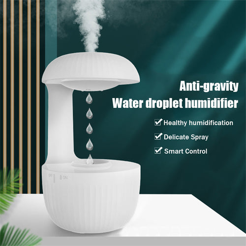 Anti-gravity cool mist humidifier with floating water-drop effect